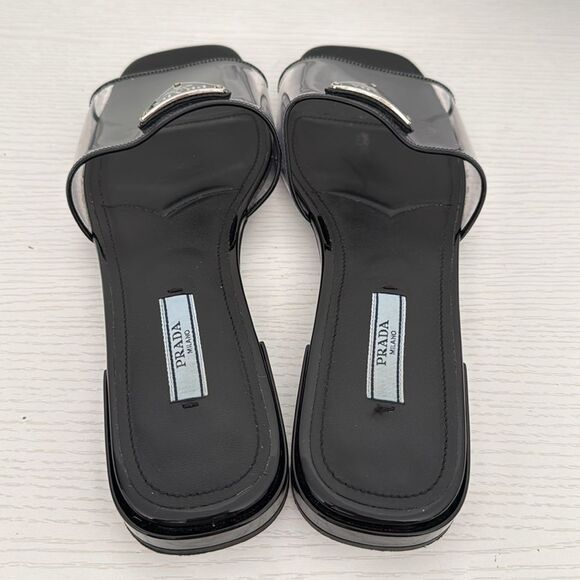 Prada Black & Clear PVC Flat Logo Sandals Size EU 37.5 US 7.5 Authentic Shoes - Picture 4 of 6